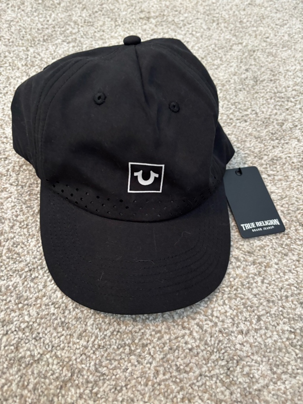 True Religion Black Baseball Cap with White Logo Embroidery